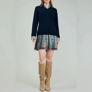 Current air long sleeve v-neck sweater collar dress navy/ multicolor